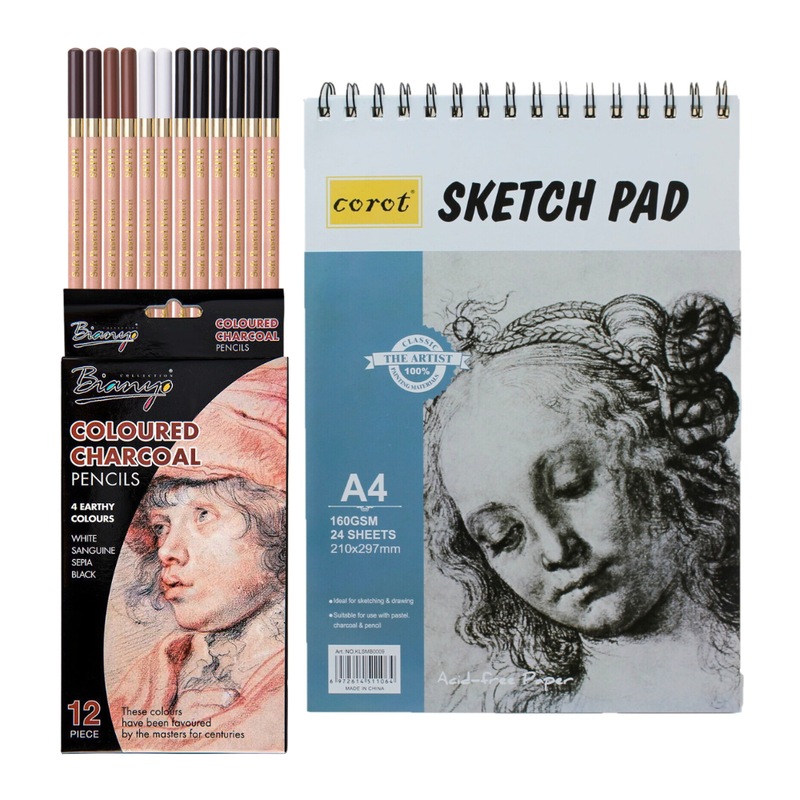 Buy 12pce Coloured Charcoal Pencils with A4 Sketch Paper Binder Pad