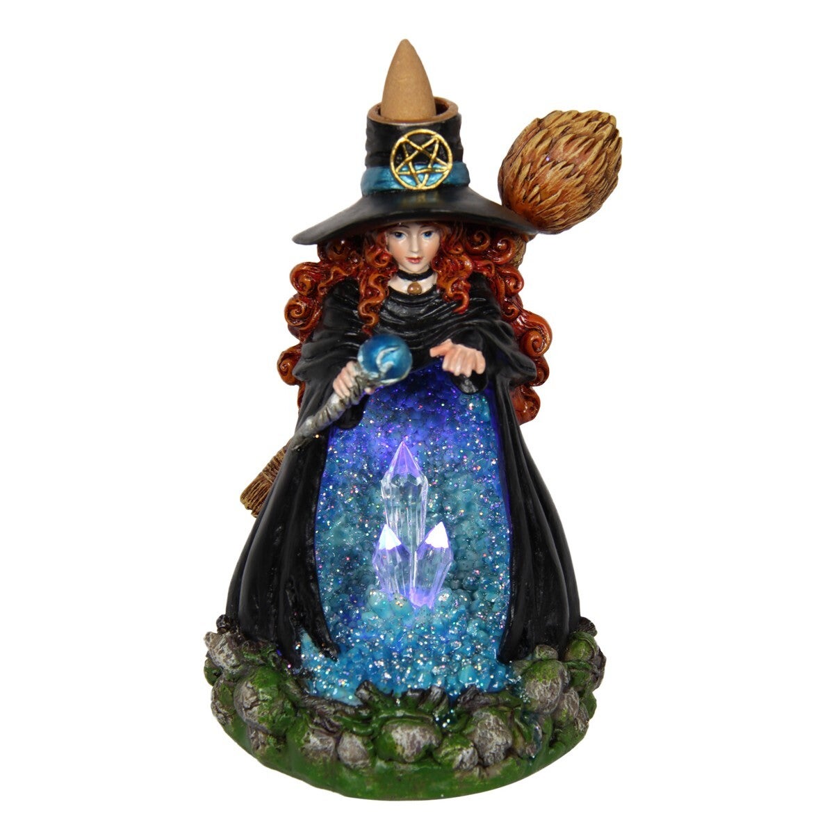 18cm Witch Mystical Figurine Backflow Burner for Cone Incense LED Light Up
