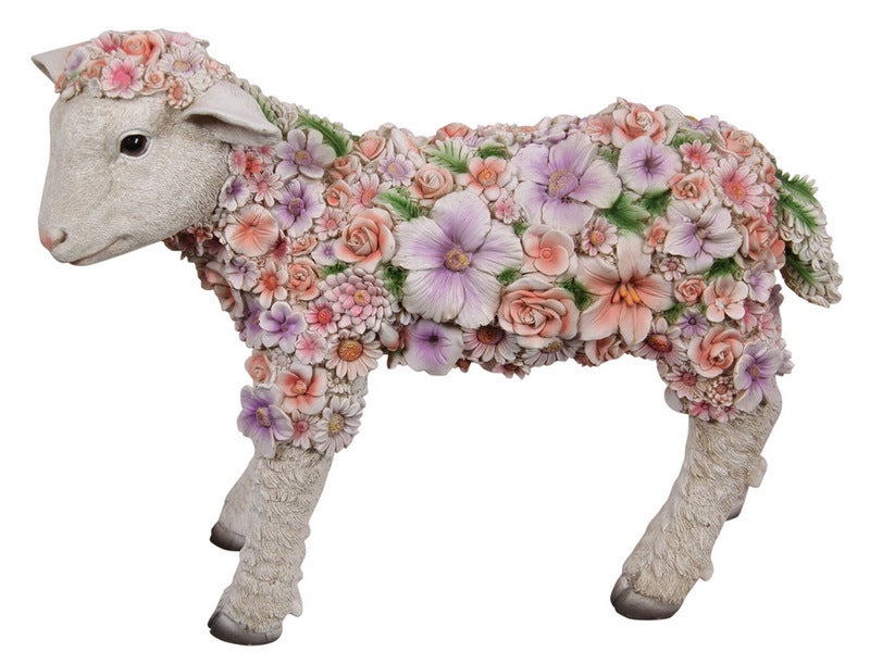 Spring Lamb 48cm Flower Decorated Standing Resin Ornament Very Cute Colourful