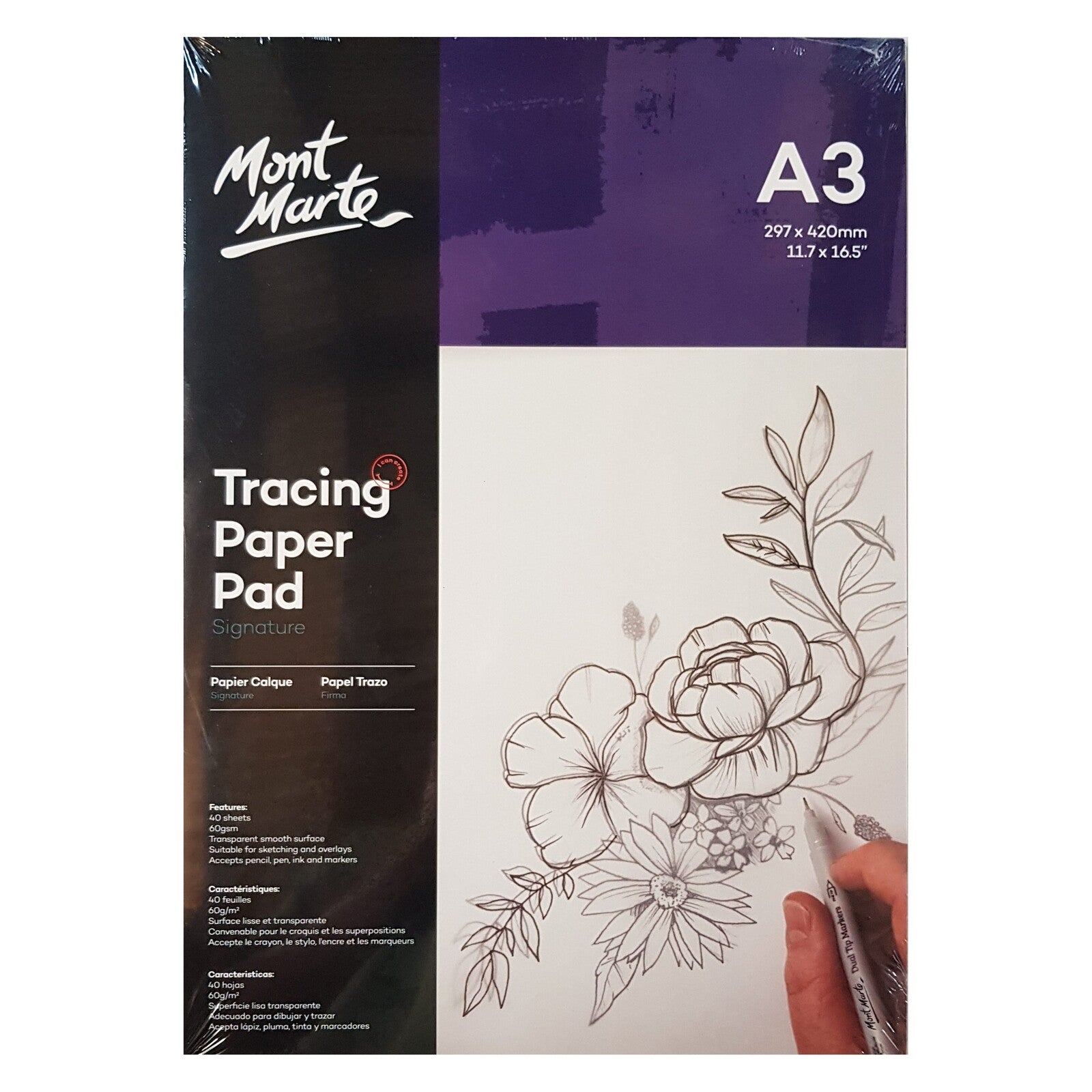 1pce Mont Marte Tracing Paper Pad 60gsm 40 Sheets, Tattooist Paper, A3 or A4