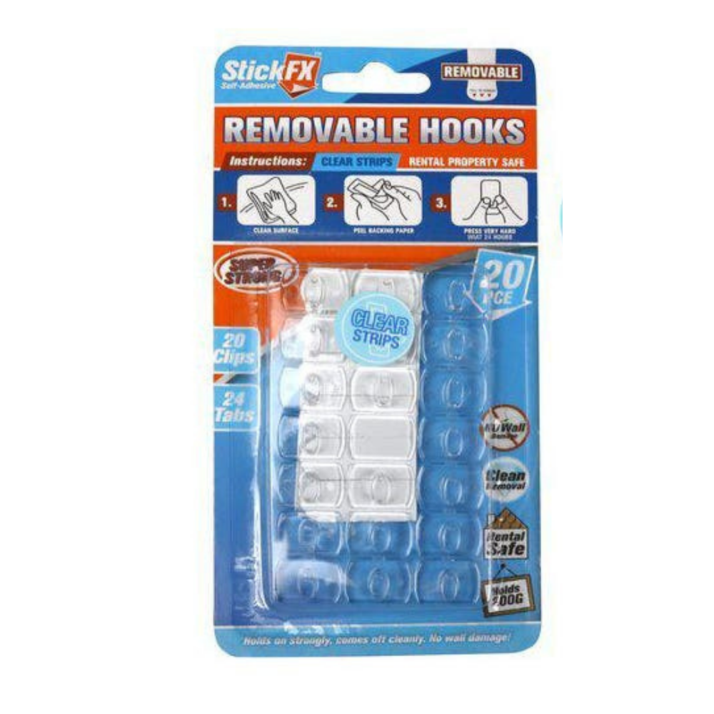 20pce Self Adhesive Clear Hooks 200g Rated Removable For Pictures & Photos