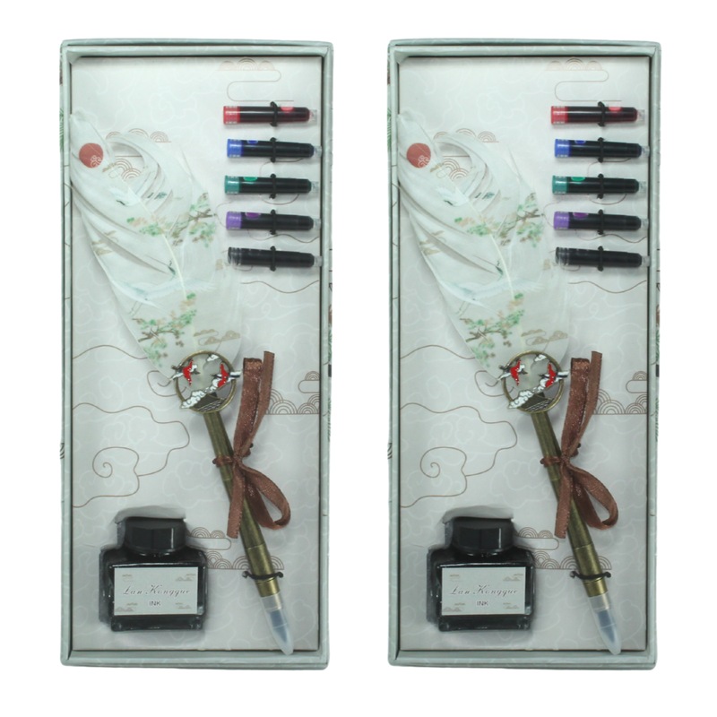 Buy 2x Calligraphy Pen Sets 7pce 24cm White Feather Cartridges