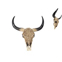 43cm Tribal Carved Resin Artificial Cow Skull, Realistic Bohemian Style, Wall Art Hangable