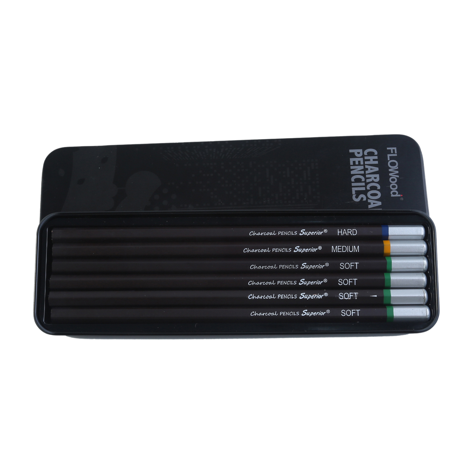 6pc Sketch Charcoal Pencil in Metal Storage Tin Box Soft Medium Hard Tips