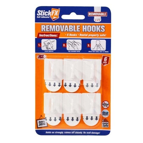 6pce Self-Adhesive Hooks 300g Rated Removable Suitable for Pictures & Photos