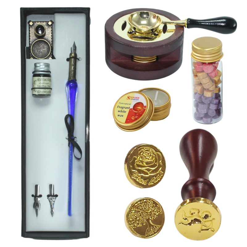 Buy Calligraphy Blue Pen & Wax Stamp Set Dipping Ink, 3 Nibs, Holder