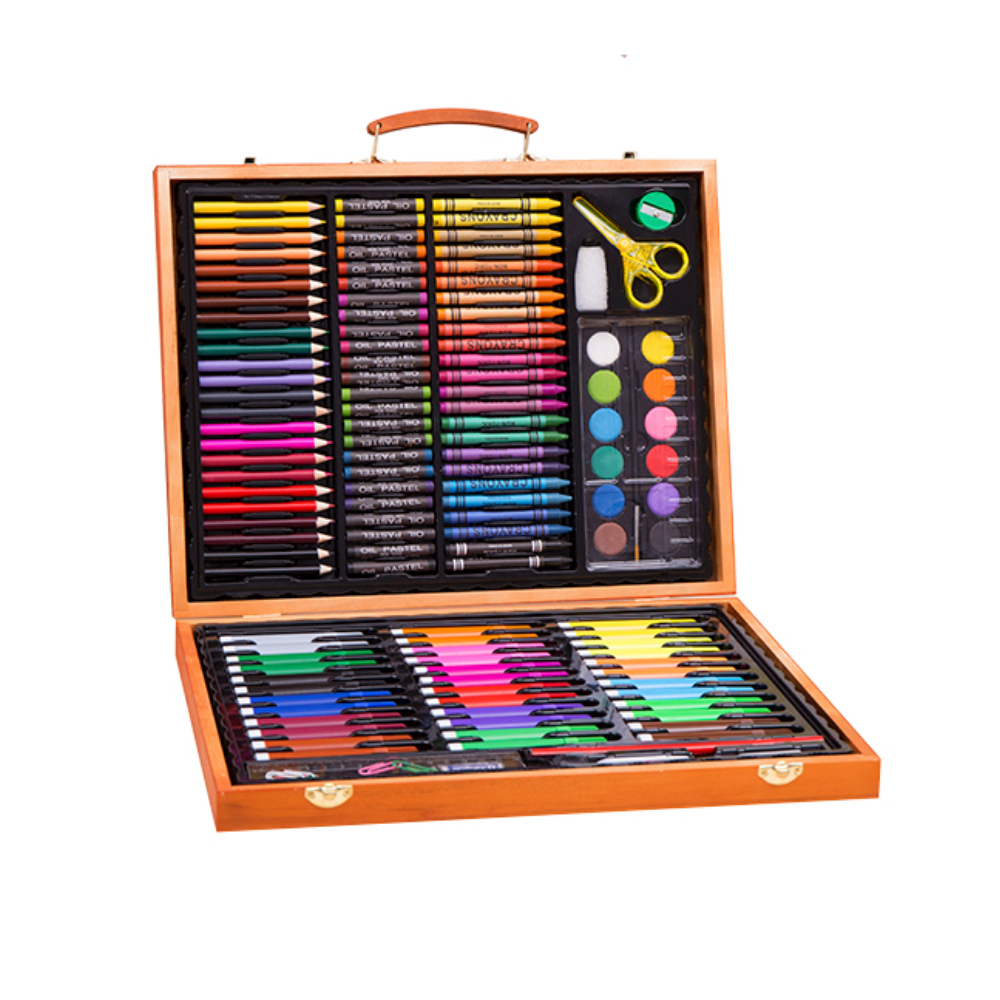 150pce Kids Art and Craft Mixed Media Kit in Wooden Case Crayons, Markers, Watercolour 