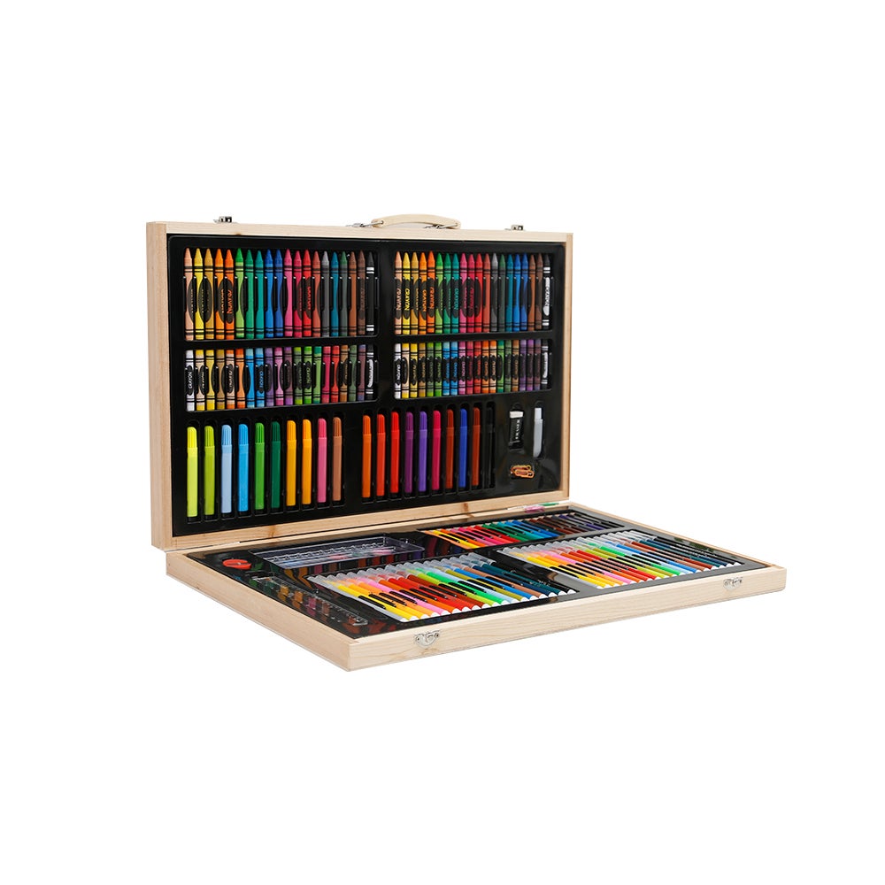 Essential 188pce Kids Art and Craft Mixed Media Kit in Wooden Case Crayons, Markers, Watercolour MORE