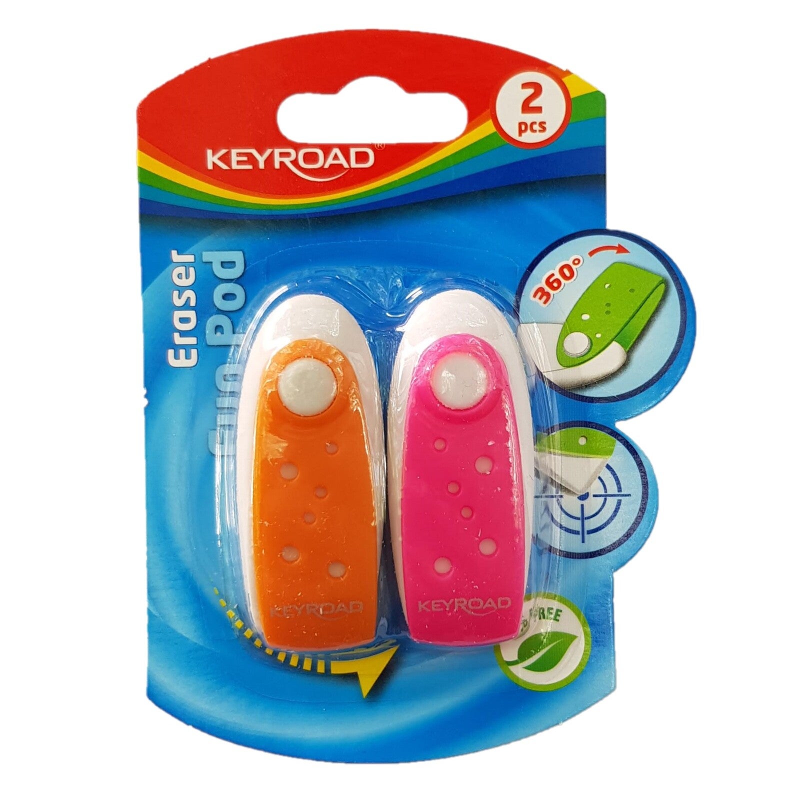 New 2pce Keyroad Eraser Fun Pod 360 Rotate Rubber Drawing School Essential