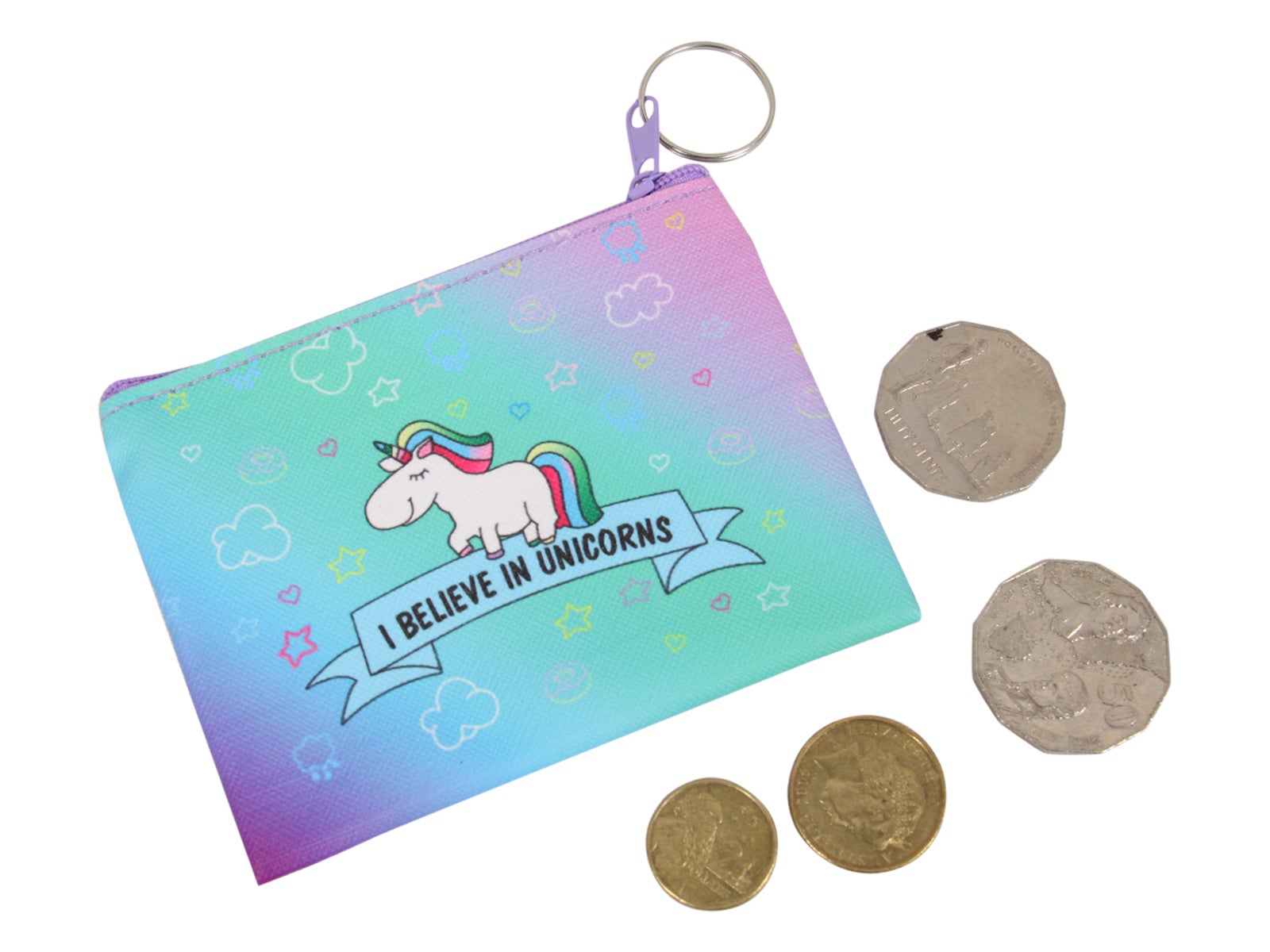 11cm Rainbow Unicorn Key Ring Purse "I believe in Unicorns" saying 