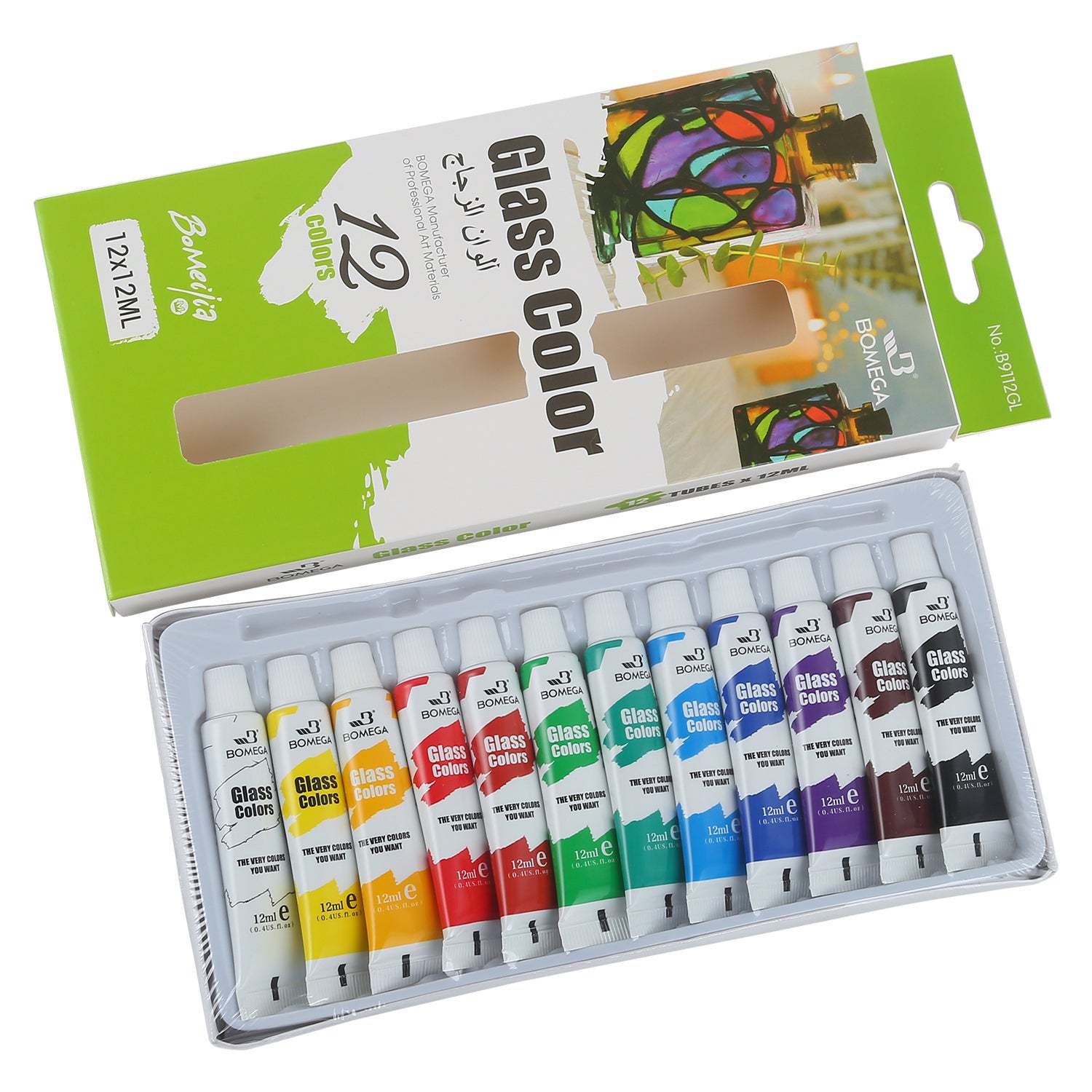 12pce Glass Paint 12ml Tubes in Box Artist Quality With Brush Set Non-Toxic