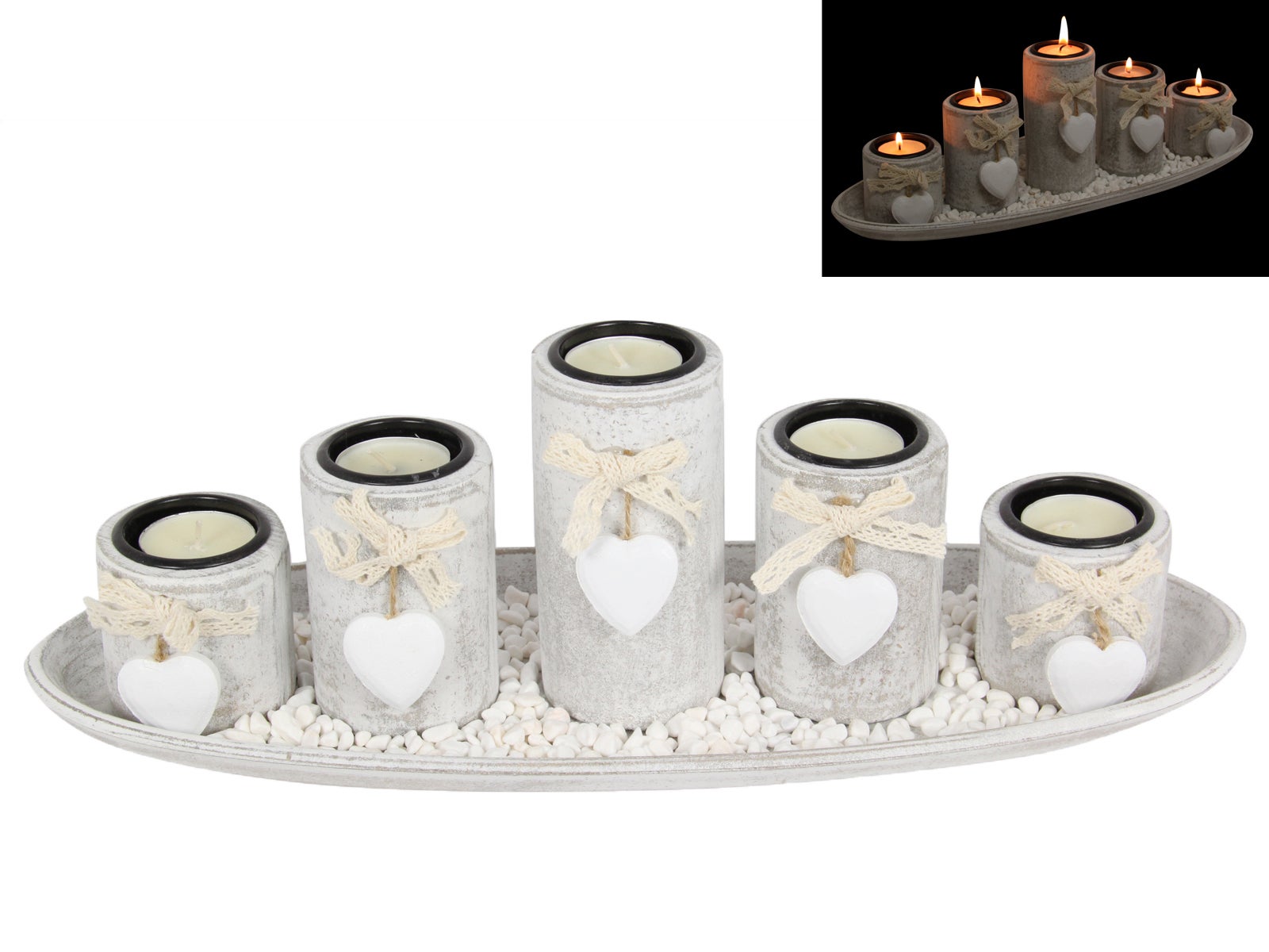 38cm Shabby Chic 5pce Candle Holder Set with Heart Features Gift