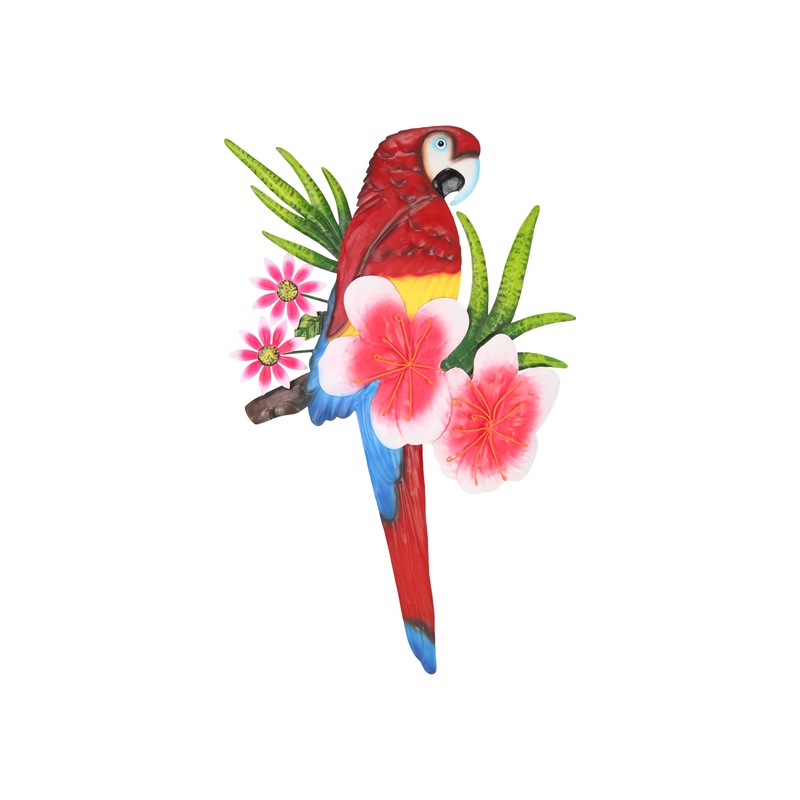 Buy Red Parrot Bird Metal Wall Art with Floral Design 55cm 1pce MyDeal