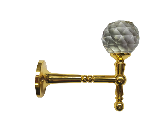 Pair 2 pieces Holdbacks for Curtain Tiebacks - Gold T-bar stem with glass faceted round top 11cm