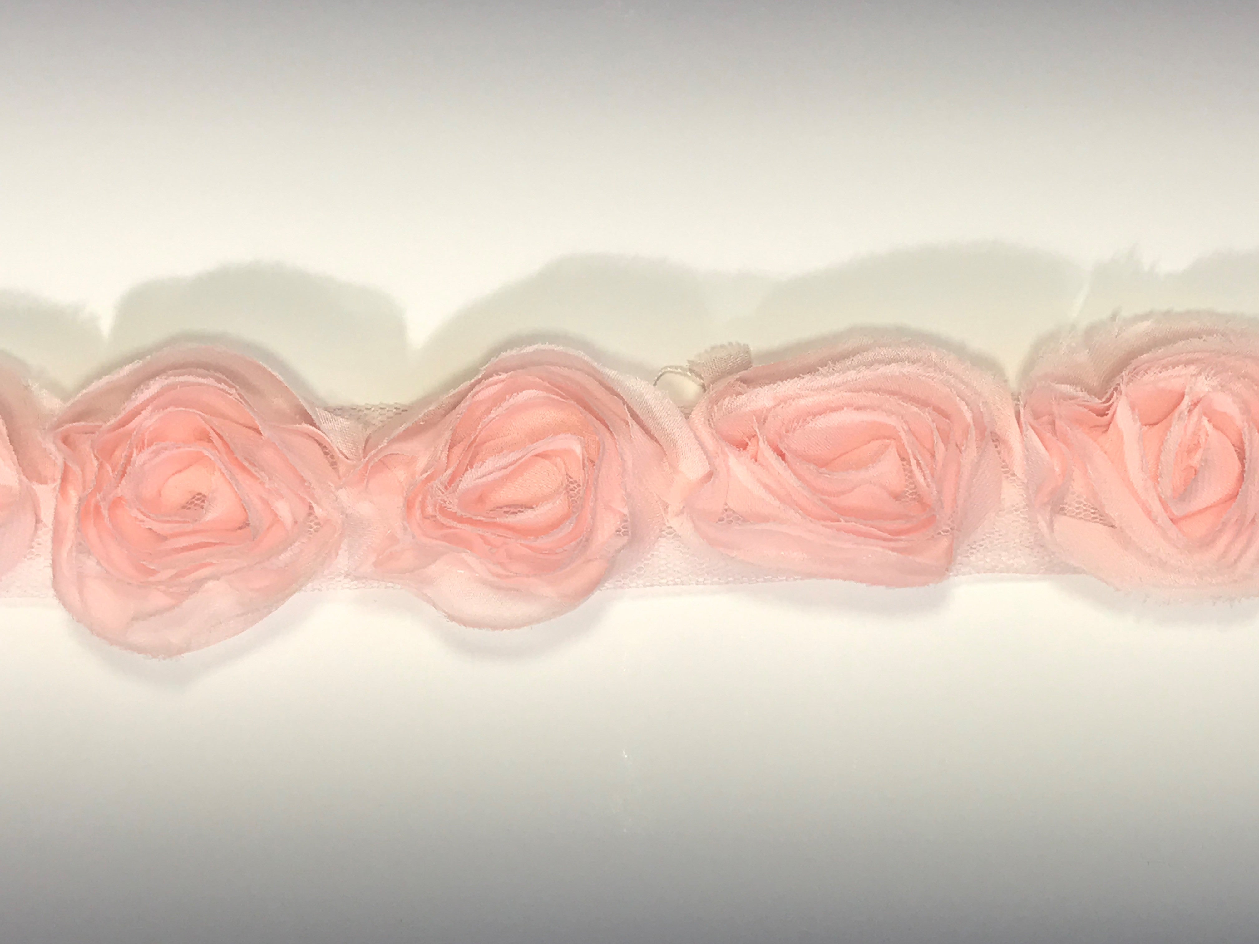 Rose Ruffle Trim on Chulle (Hand dyed) - Pale Pink 50mm flower Price is for 5 metres