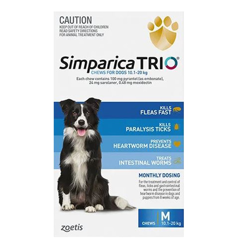 Buy Simparica Trio Flea & Tick Control for Dogs 10.120kg Blue 3 Pack