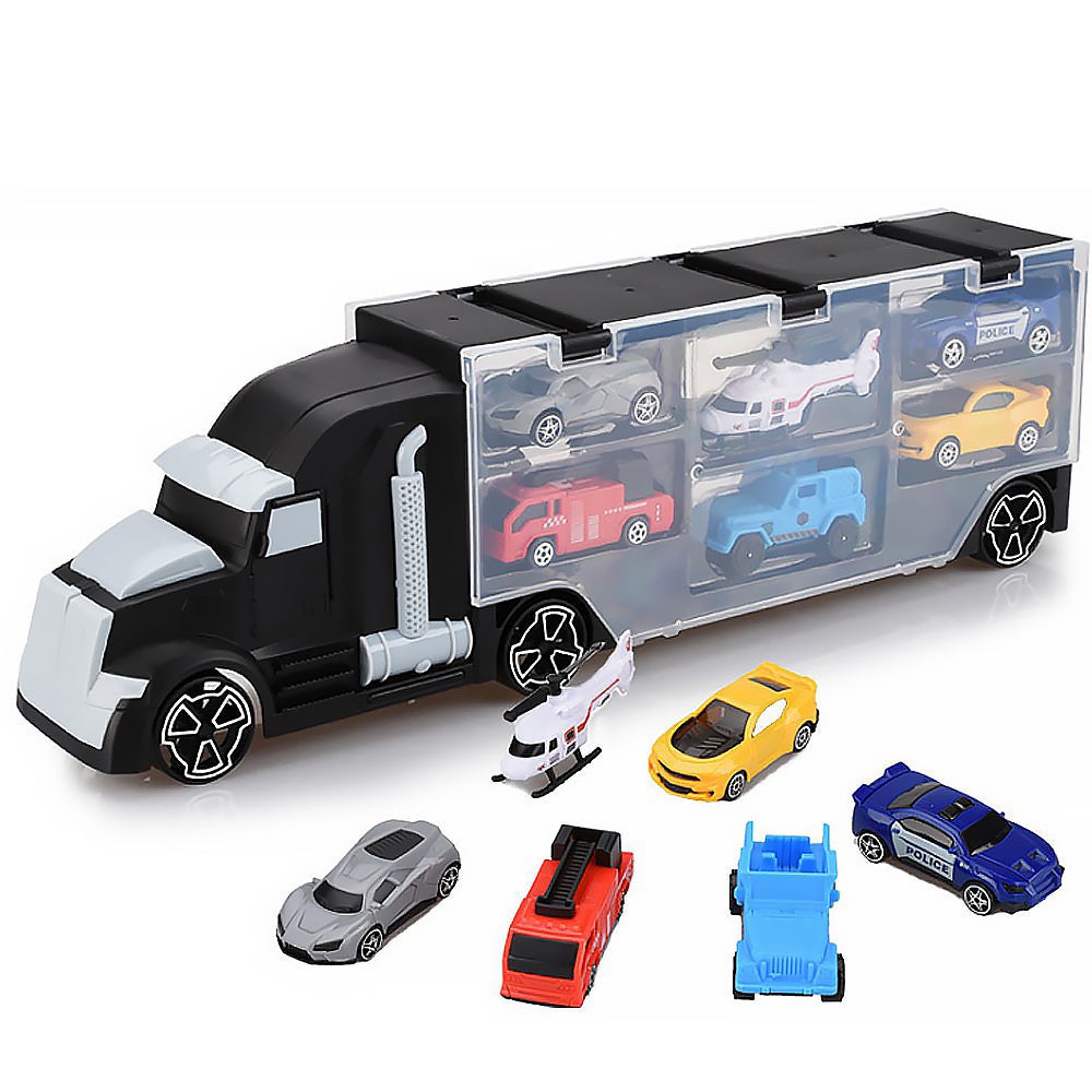 Car Carrier Transport Play Set Vehicle Kids Boy Gift Toy 6 Cars Helicopter Model