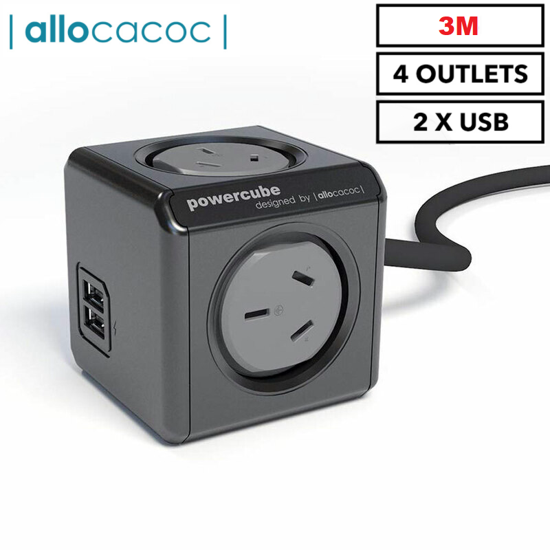 ALLOCACOC POWERCUBE Extended 4 Outlets with 2 USB 3M - Black