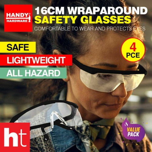 Handy Hardware 4PCE Safety Glasses Wraparound Design Clear Protection Unisex Australia