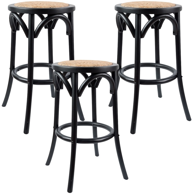Buy Aster 3pc Round Bar Stools Dining Stool Chair Solid Birch Wood Rattan Seat Black MyDeal