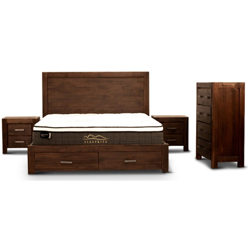Twingo 4pcs King Bed Room Set Frame, Tallboy Dresser And Bedside Table Set