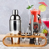 Stainless Steel 9-pc Bartending Cocktail Tool Set and Shaker with Bamboo Base