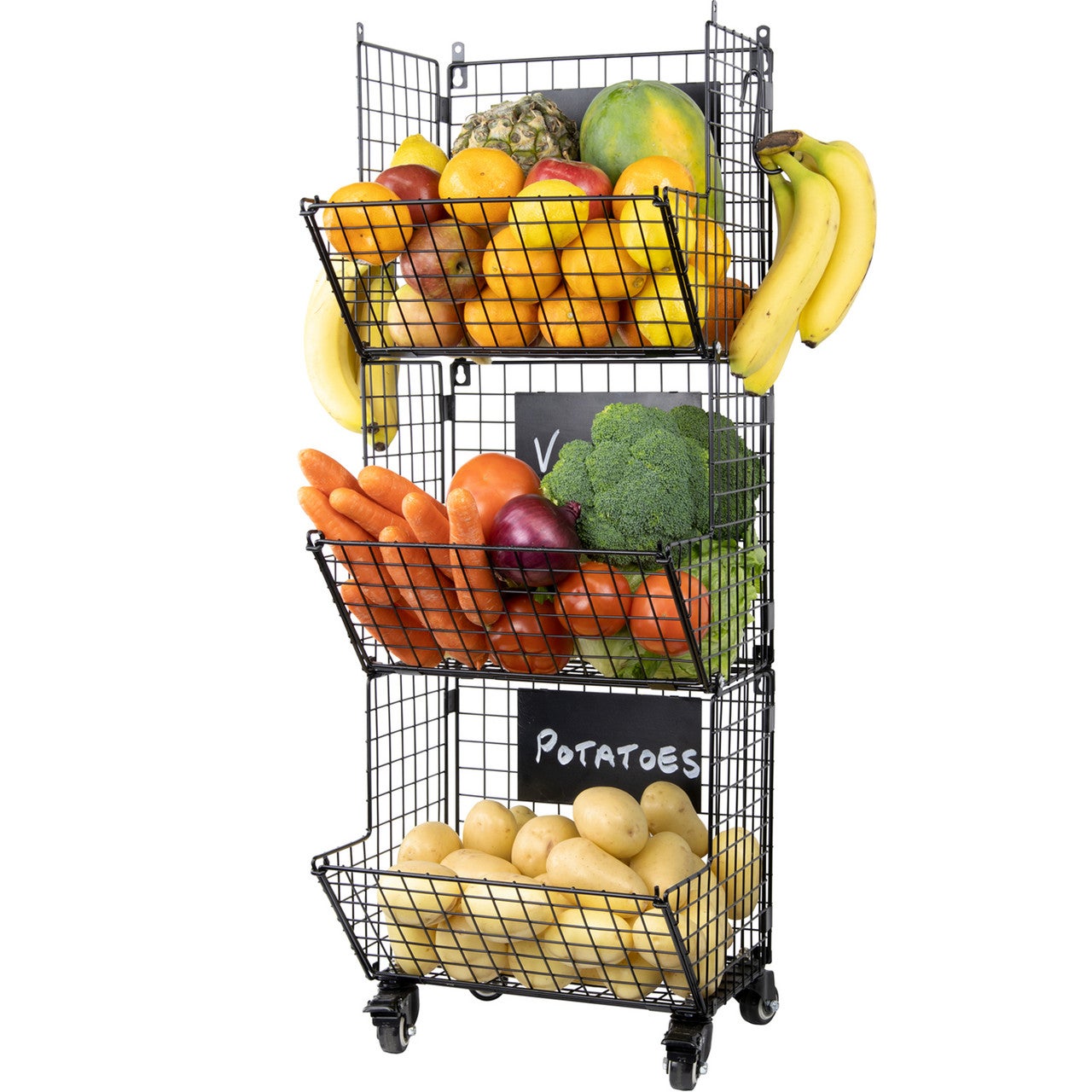 Foldee All Purpose 3 Tier Stackable Wall Mountable Storage Baskets with Wheels