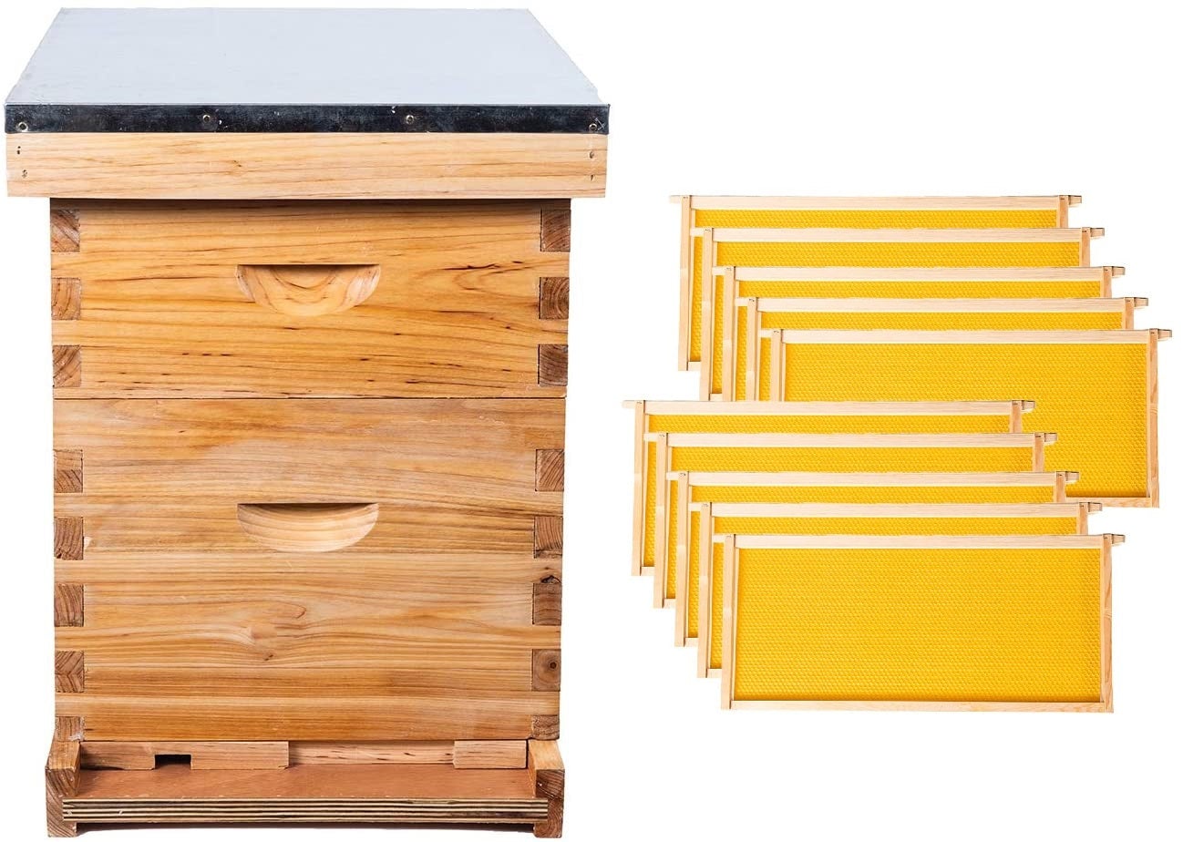 Bee Hive Kits 20 Frame Langstroth Bee House with 10 Deep and 10 Medium hive Boxs,Dipped in 100% Beeswax 2 Layer