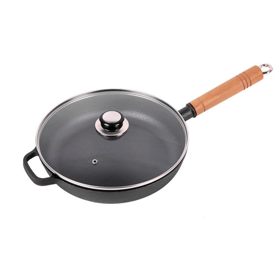 Cast Iron Skillet, Cast Iron Pre-Seasoned Skillet, Kitchen Saute Fry Pan, 24 CM with Glass Lip