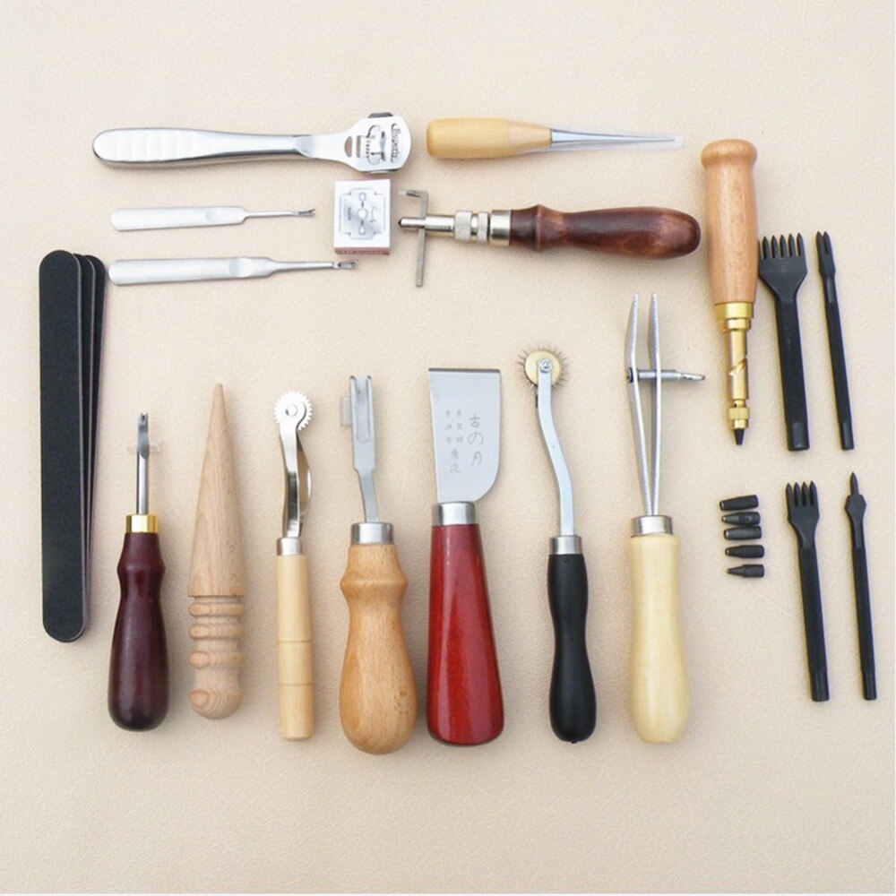 Professional 18 Pcs Leather Craft Tools Kit Hand Sewing Stitching Punch Carving Work