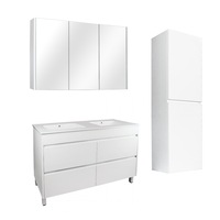 1200mm Matte White Qubist MDF Double Bowl Freestanding With Legs Vanity With Ceramic Top With Shaving Cabinet and Tall Boy