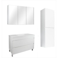 1200mm Matte White Qubist MDF Single Bowl Freestanding With Legs Vanity With Ceramic Top With Shaving Cabinet and Tall Boy