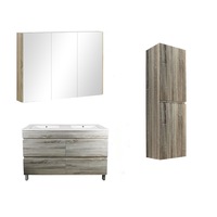 1200mm White Oak Qubist MDF Double Bowl Freestanding With Legs Vanity With Ceramic Top With Shaving Cabinet and Tall Boy