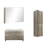 1200mm White Oak Qubist MDF Single Bowl Freestanding With Legs Vanity With Ceramic Top With Shaving Cabinet and Tall Boy