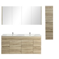 1500mm Berge White Oak Wall Hung MDF Vanity and Shaving Cabinet and Tall Boy