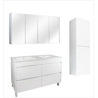 1500mm Matte White Qubist MDF Double Bowl Freestanding With Legs Vanity With Ceramic Top With Shaving Cabinet and Tall Boy