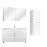 1500mm Matte White Qubist MDF Single Bowl Freestanding With Legs Vanity With Ceramic Top With Shaving Cabinet and Tall Boy