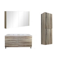 1500mm White Oak Qubist MDF Double Bowl Freestanding With Legs Vanity With Ceramic Top With Shaving Cabinet and Tall Boy