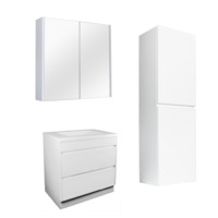 750mm Matte White Qubist MDF Freestanding With Kickboard Vanity With Ceramic Top With Shaving Cabinet and Tall Boy