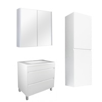 750mm Matte White Qubist MDF Freestanding With Legs Vanity With Ceramic Top With Shaving Cabinet and Tall Boy