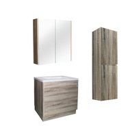 750mm White Oak Qubist MDF Freestanding With Kickboard Vanity With Ceramic Top With Shaving Cabinet and Tall Boy