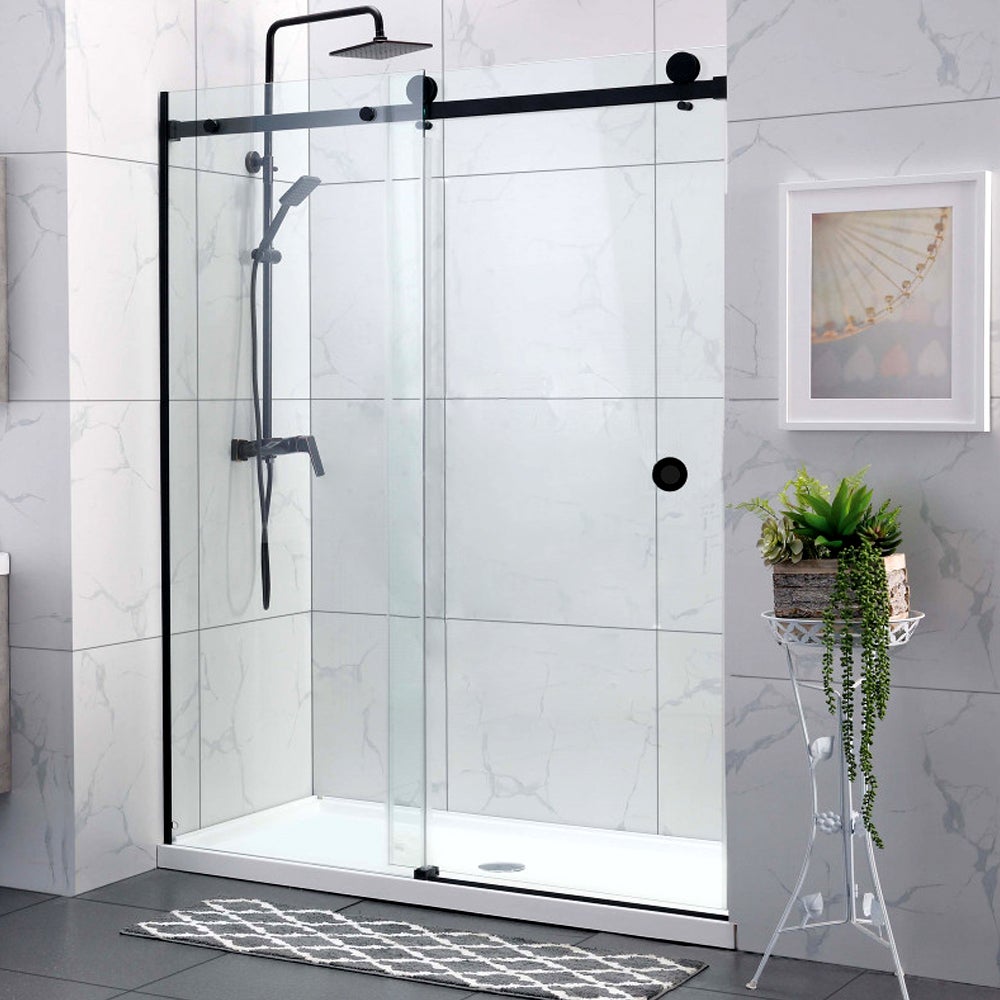 870-1180x2000mm Wall to Wall Sliding Shower Screen Frameless Black Stainless Steel Round Handle 10mm Glass