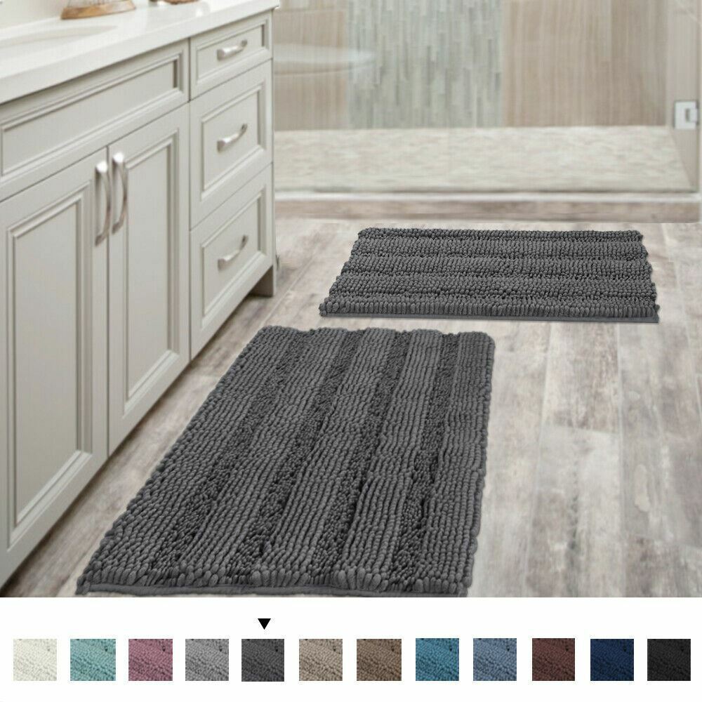 Chenille Bath Mat Non Slip Bath Mat Set for Bathroom Extra Thick Soft Striped Bath Rug Water Absorbent Shag Carpet for Indoor Kitchen