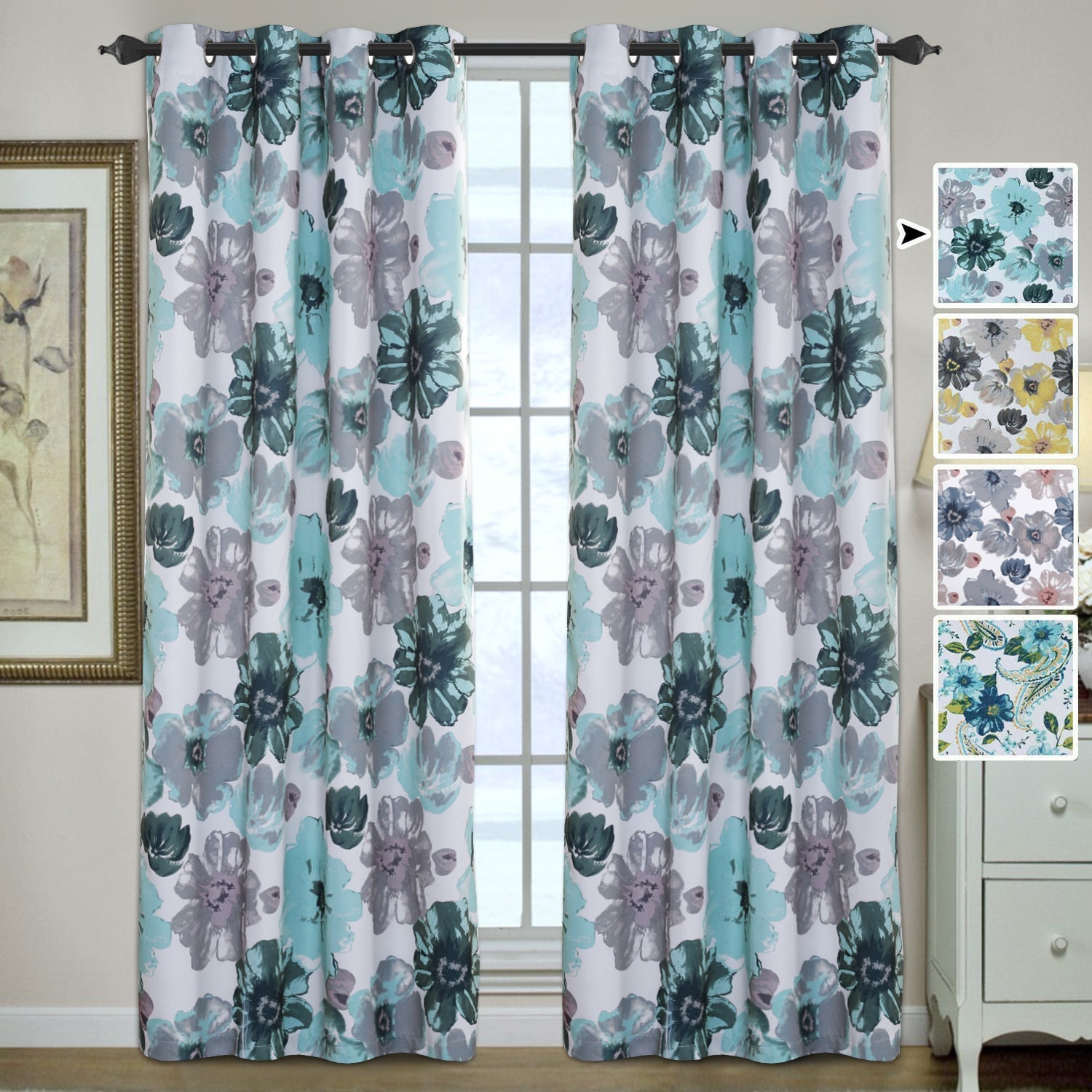 2x Blockout Floral Curtains Eyelet Blackout Curtain Draperies for Living Bedroom