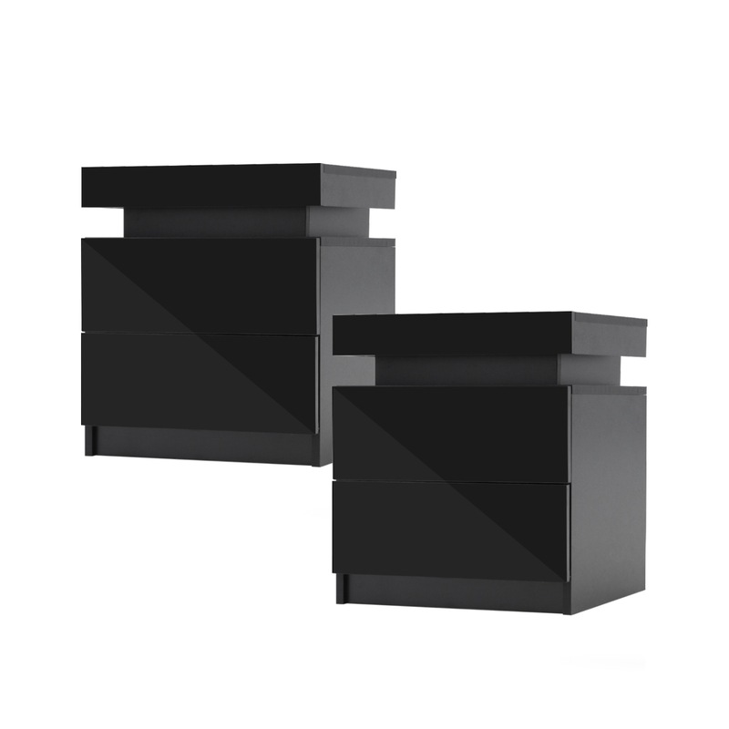 Buy 2x LED Bedside Table 2 Drawers Gloss Black MyDeal