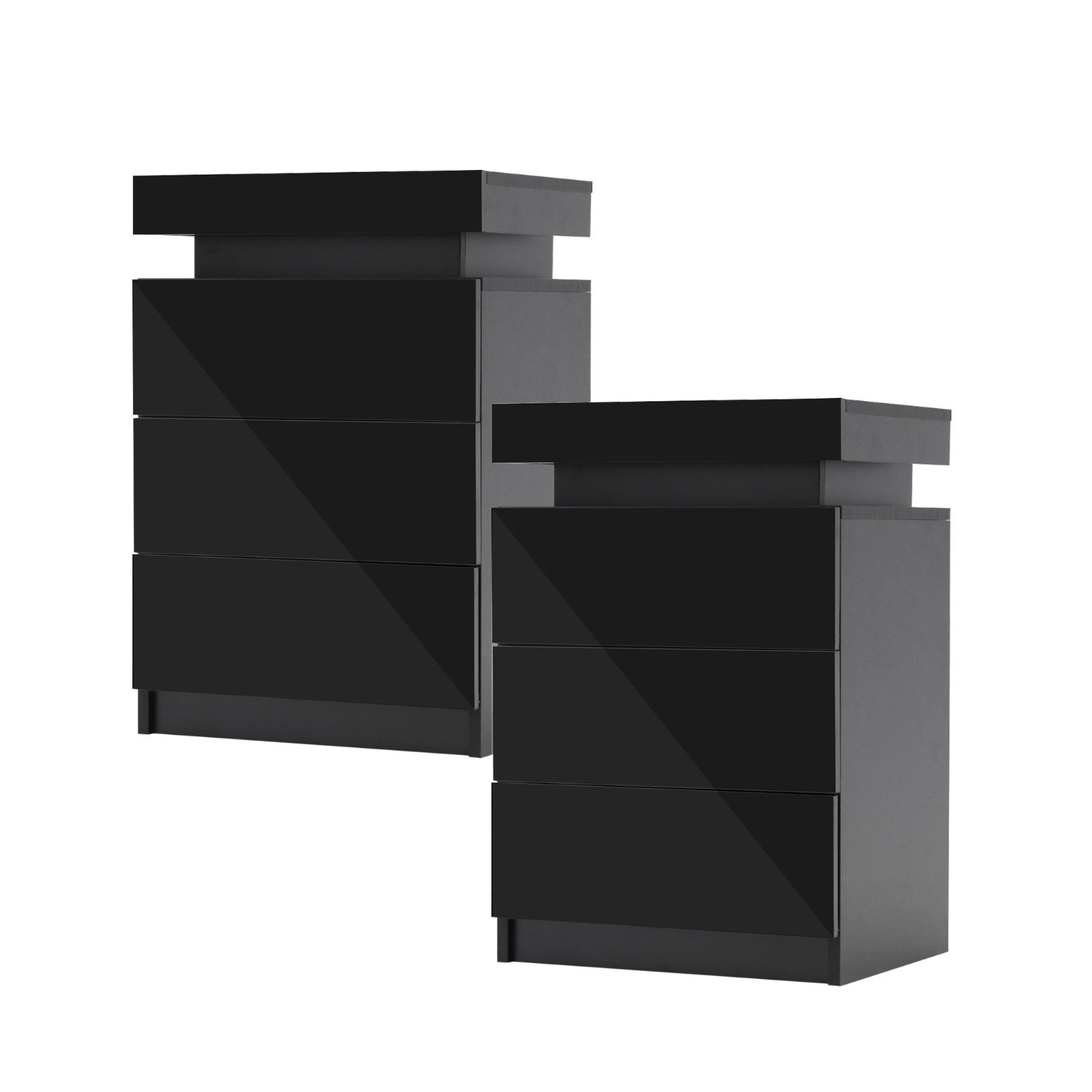 2x LED Bedside Table 3 Drawers Gloss Black