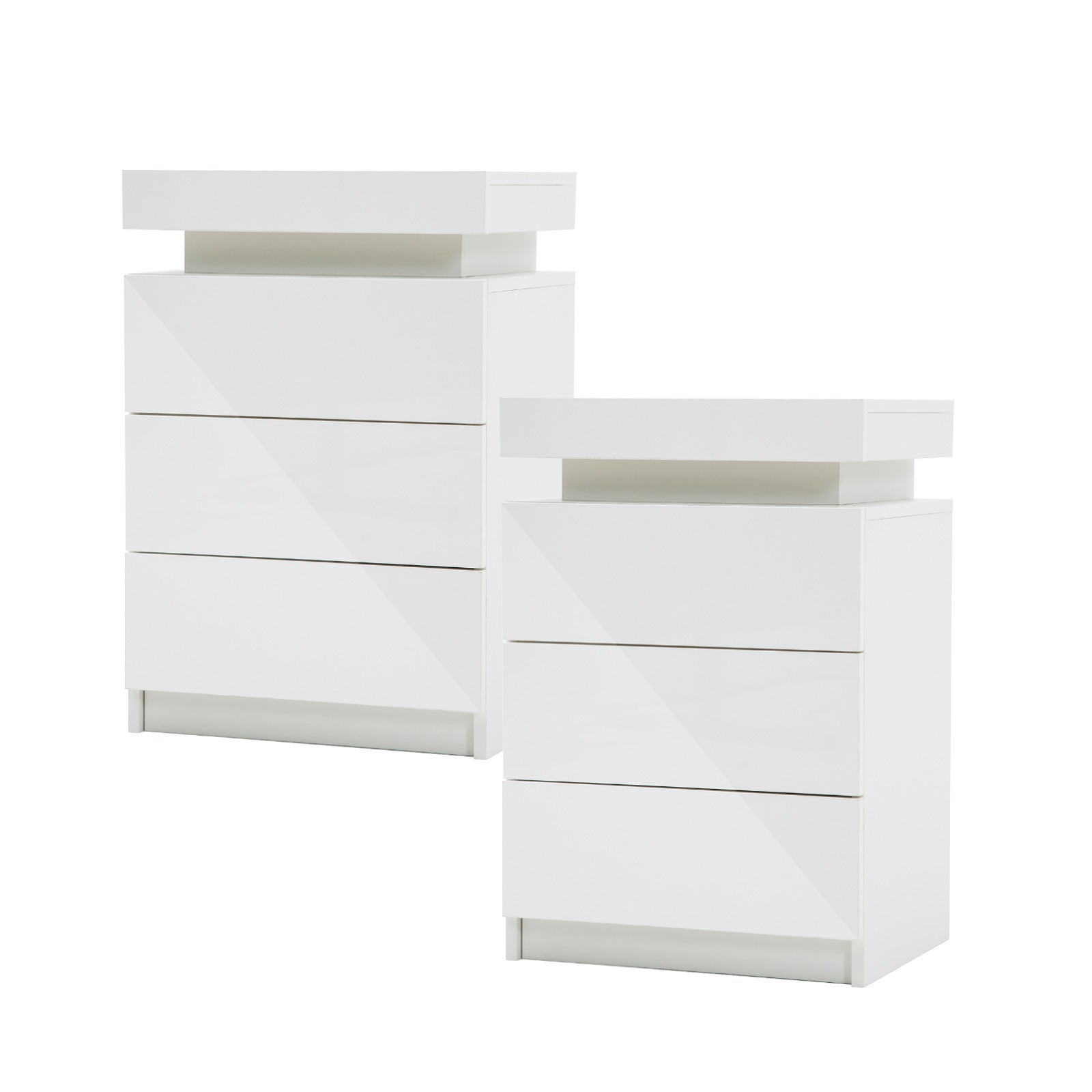 2x LED Bedside Table 3 Drawers Gloss White