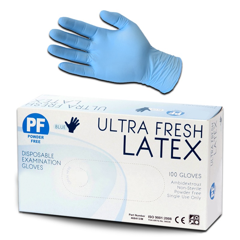 100pcs Ultra Fresh Blue Latex Gloves Powder Free  Medium Australia