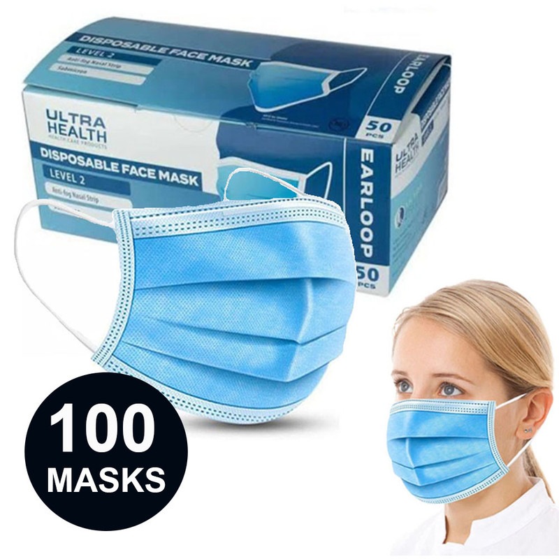 Buy 100pcs Ultra Health 3PLY Surgical Masks Level 2 With Ear Loops MyDeal
