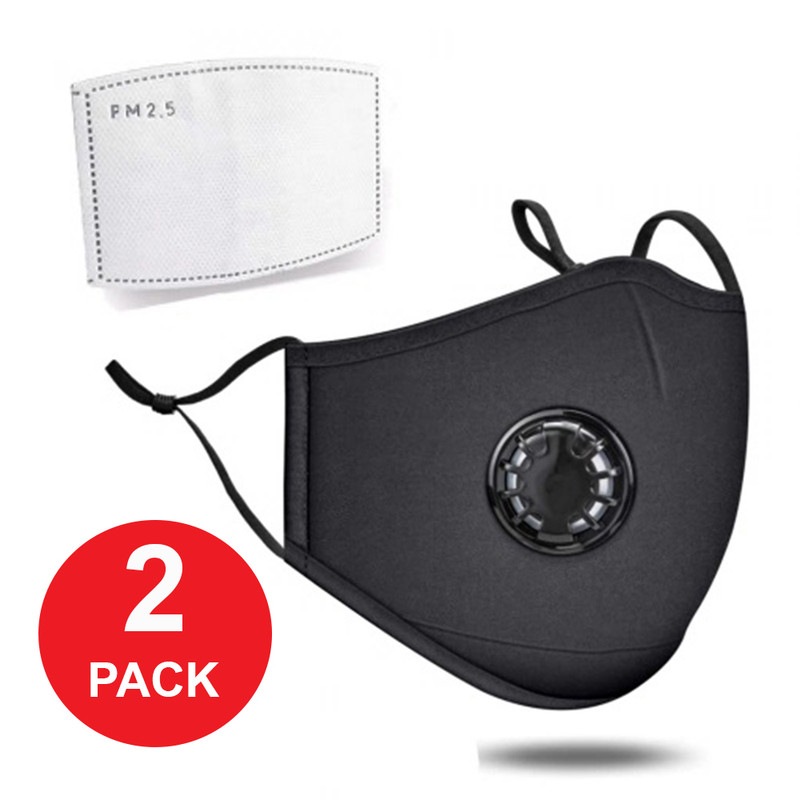 2 Pack 100% Pure Cotton Face Mask with Breathing Valve + Filter Comfortable